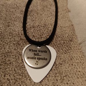 WHEN WORDS FAIL .. MUSIC SPEAKS CHARMS ON WHITE GUITAR PICK NECKLACE